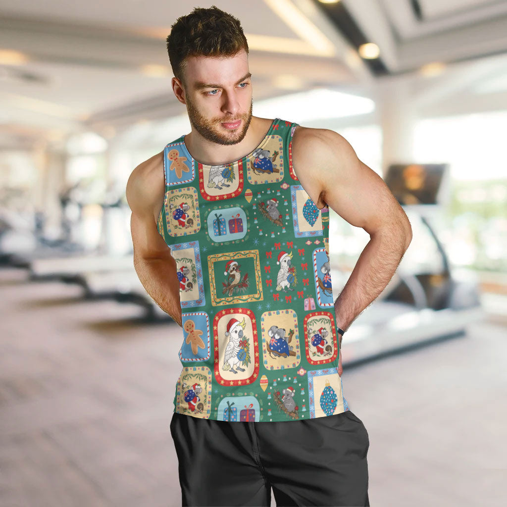 Australia Wildlife Christmas Stamp Men Tank Top Green Aussie Native Animal Seamless Pattern