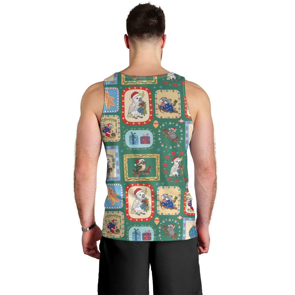 Australia Wildlife Christmas Stamp Men Tank Top Green Aussie Native Animal Seamless Pattern