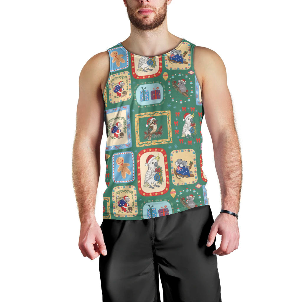 Australia Wildlife Christmas Stamp Men Tank Top Green Aussie Native Animal Seamless Pattern