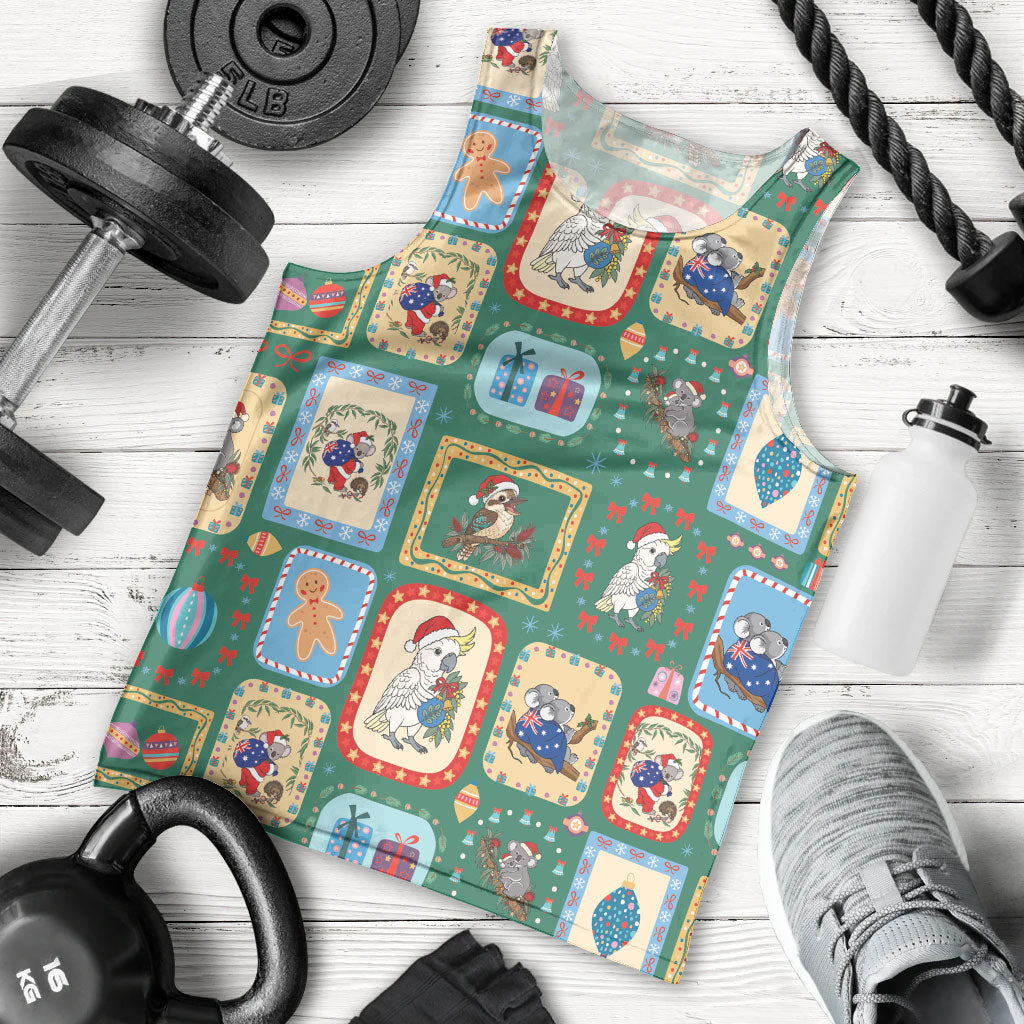 Australia Wildlife Christmas Stamp Men Tank Top Green Aussie Native Animal Seamless Pattern