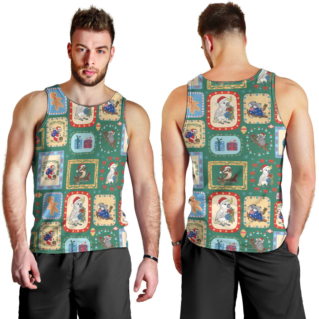 Australia Wildlife Christmas Stamp Men Tank Top Green Aussie Native Animal Seamless Pattern