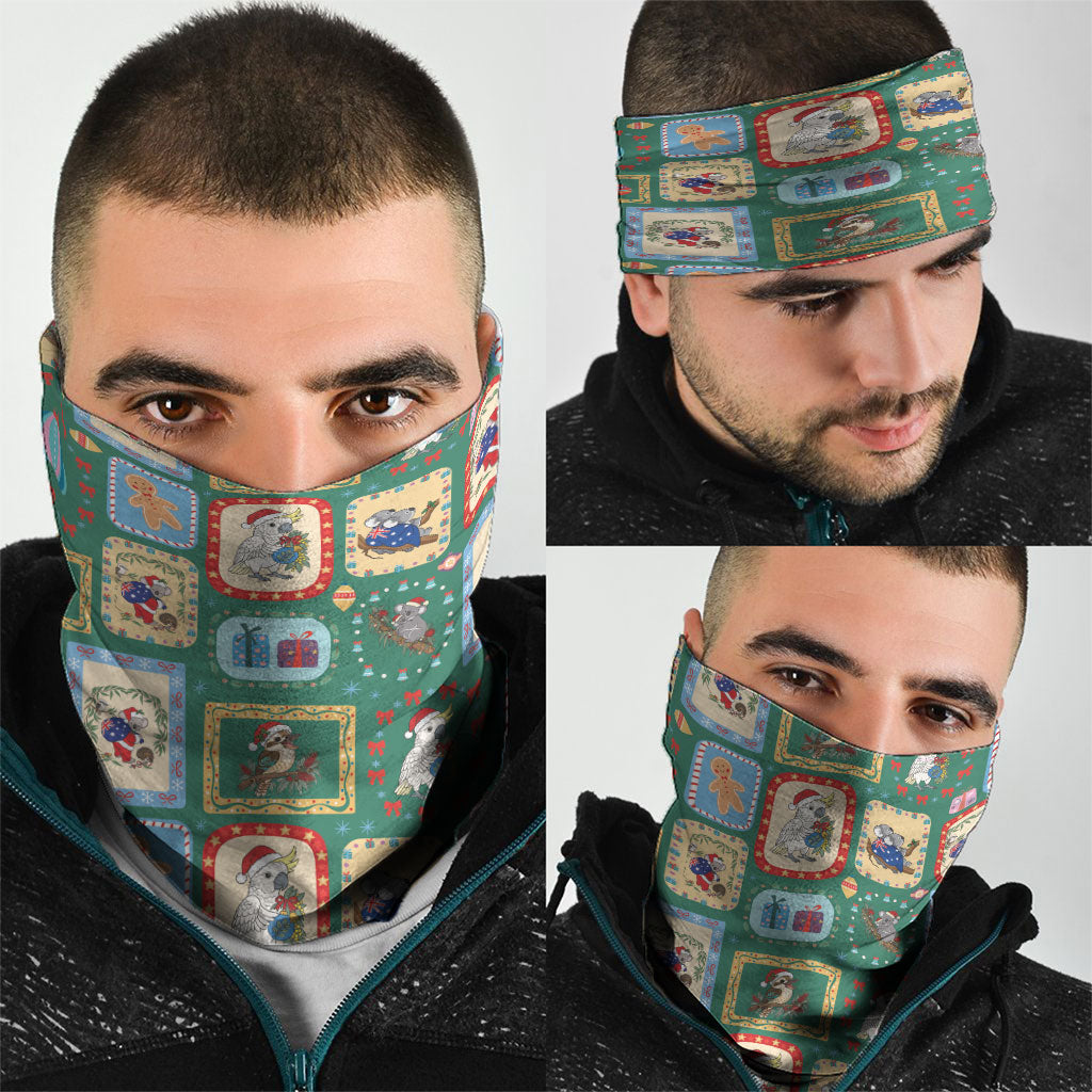 Australia Wildlife Christmas Stamp Neck Gaiter Green Aussie Native Animal Seamless Pattern