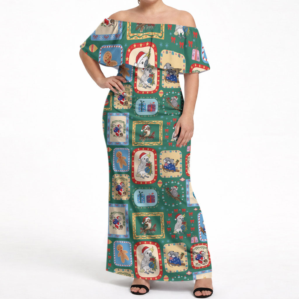Australia Wildlife Christmas Stamp Off Shoulder Maxi Dress Green Aussie Native Animal Seamless Pattern