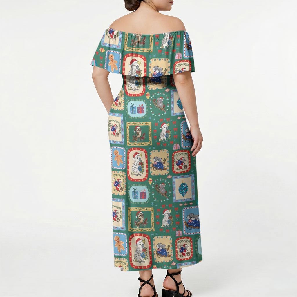 Australia Wildlife Christmas Stamp Off Shoulder Maxi Dress Green Aussie Native Animal Seamless Pattern