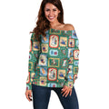 Australia Wildlife Christmas Stamp Off Shoulder Sweater Green Aussie Native Animal Seamless Pattern