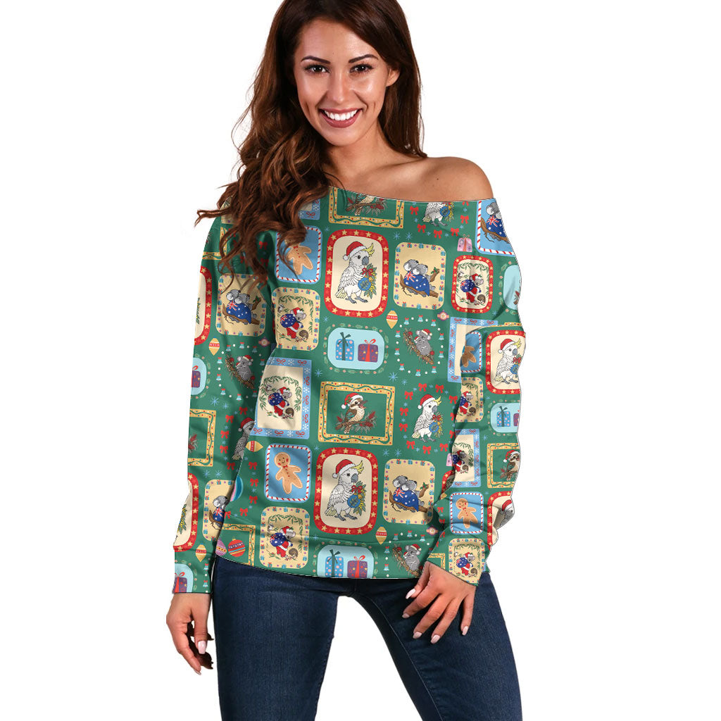 Australia Wildlife Christmas Stamp Off Shoulder Sweater Green Aussie Native Animal Seamless Pattern