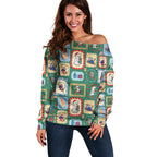Australia Wildlife Christmas Stamp Off Shoulder Sweater Green Aussie Native Animal Seamless Pattern