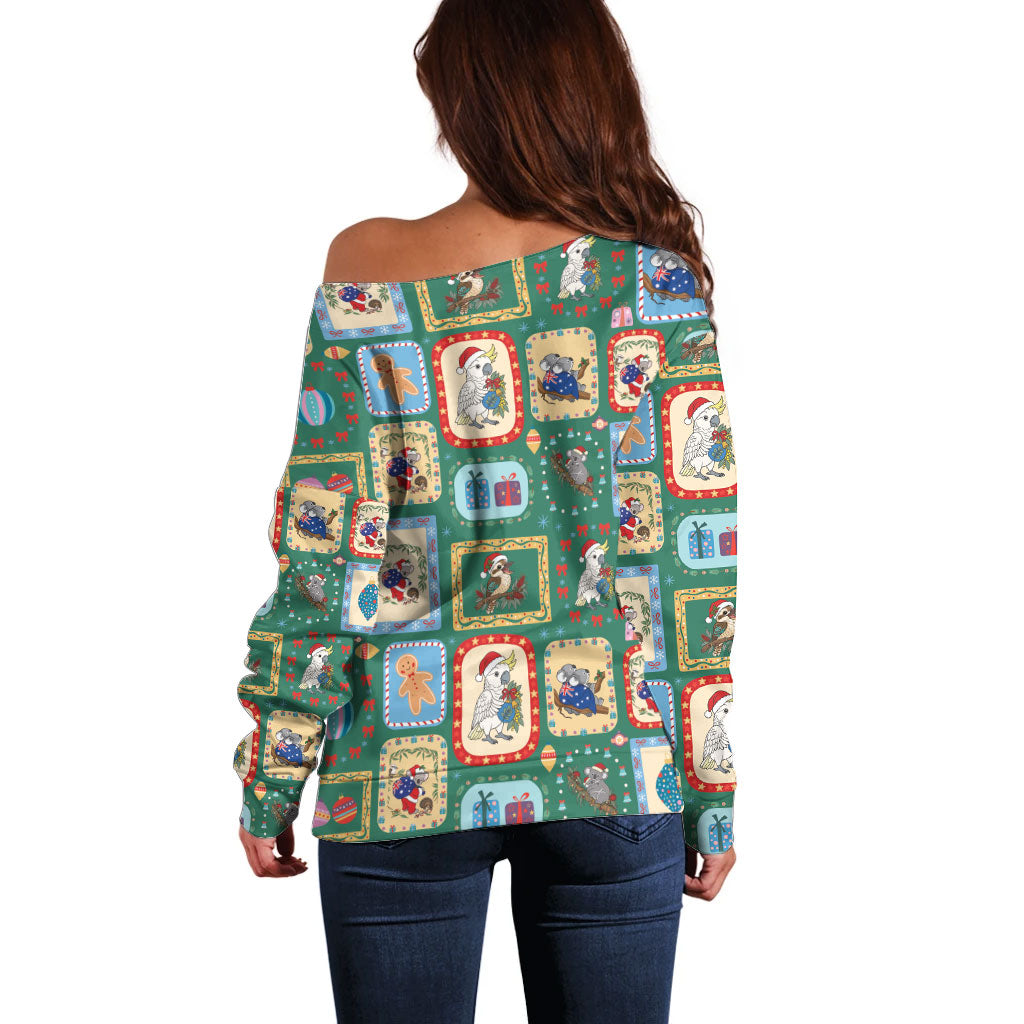 Australia Wildlife Christmas Stamp Off Shoulder Sweater Green Aussie Native Animal Seamless Pattern