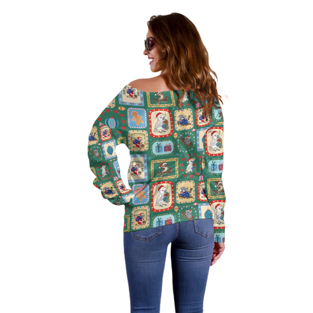 Australia Wildlife Christmas Stamp Off Shoulder Sweater Green Aussie Native Animal Seamless Pattern