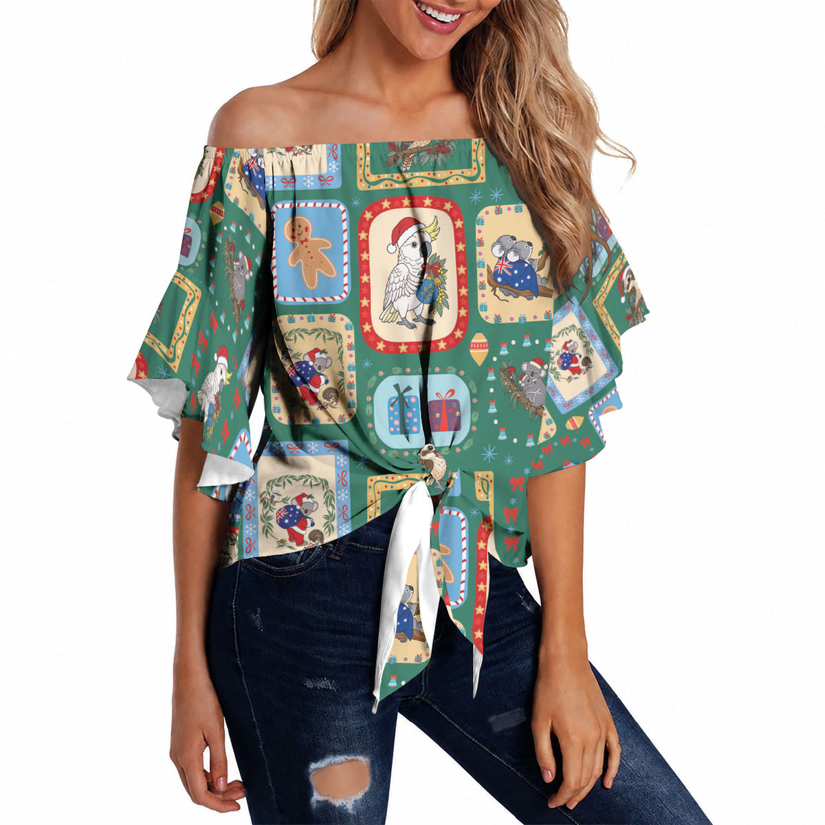 Australia Wildlife Christmas Stamp Off Shoulder Wrap Waist Top Green Aussie Native Animal Seamless Pattern