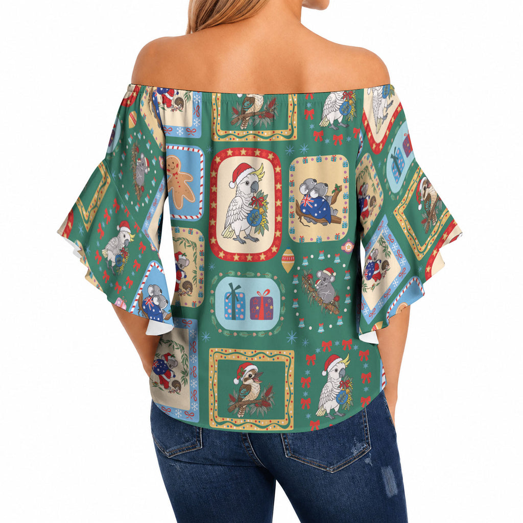 Australia Wildlife Christmas Stamp Off Shoulder Wrap Waist Top Green Aussie Native Animal Seamless Pattern