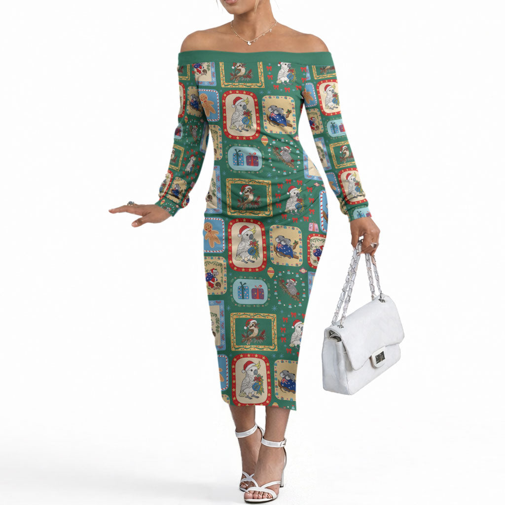 Australia Wildlife Christmas Stamp Off The Shoulder Long Sleeve Dress Green Aussie Native Animal Seamless Pattern