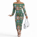 Australia Wildlife Christmas Stamp Off The Shoulder Long Sleeve Dress Green Aussie Native Animal Seamless Pattern
