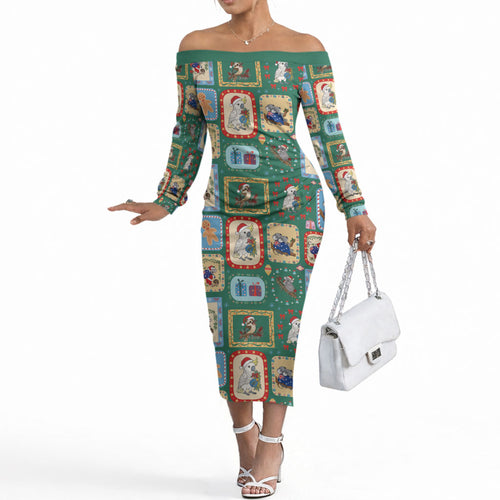 Australia Wildlife Christmas Stamp Off The Shoulder Long Sleeve Dress Green Aussie Native Animal Seamless Pattern