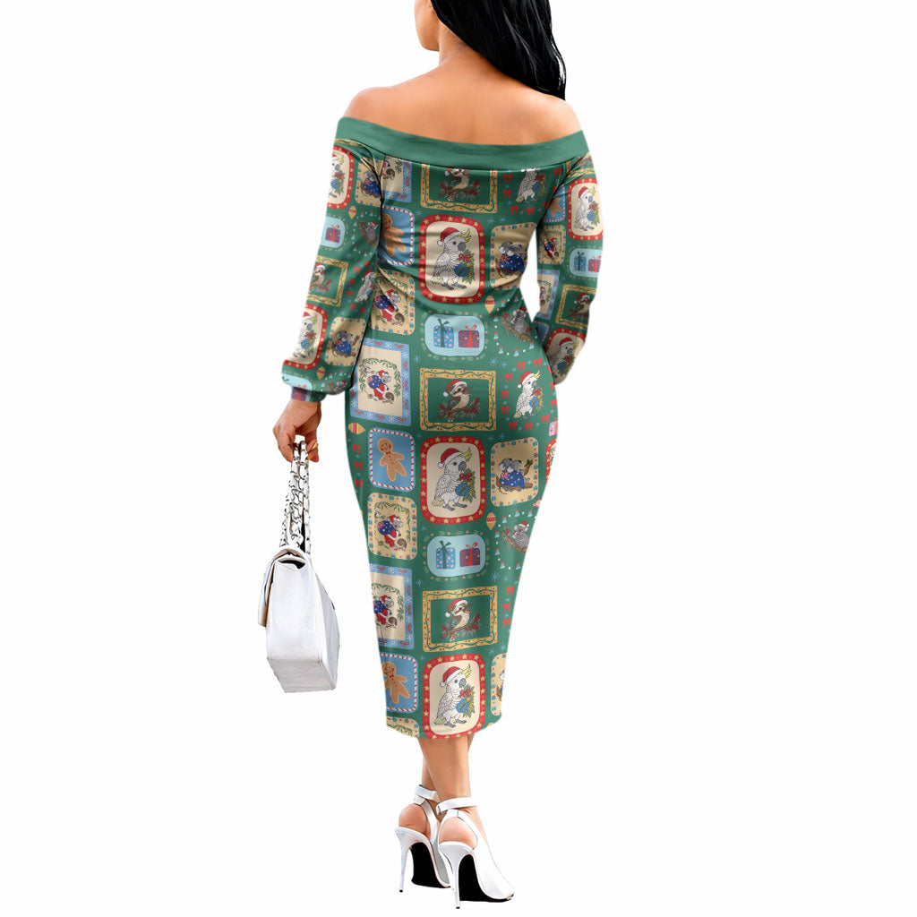 Australia Wildlife Christmas Stamp Off The Shoulder Long Sleeve Dress Green Aussie Native Animal Seamless Pattern