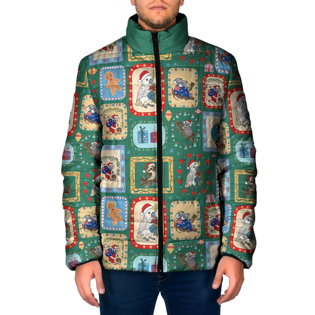 Australia Wildlife Christmas Stamp Padded Jacket Green Aussie Native Animal Seamless Pattern