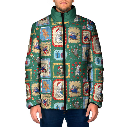 Australia Wildlife Christmas Stamp Padded Jacket Green Aussie Native Animal Seamless Pattern