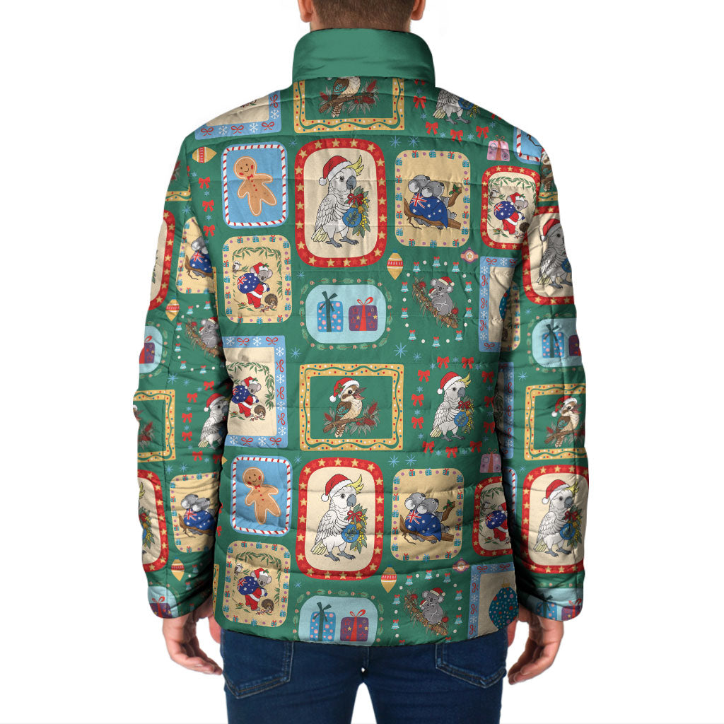 Australia Wildlife Christmas Stamp Padded Jacket Green Aussie Native Animal Seamless Pattern