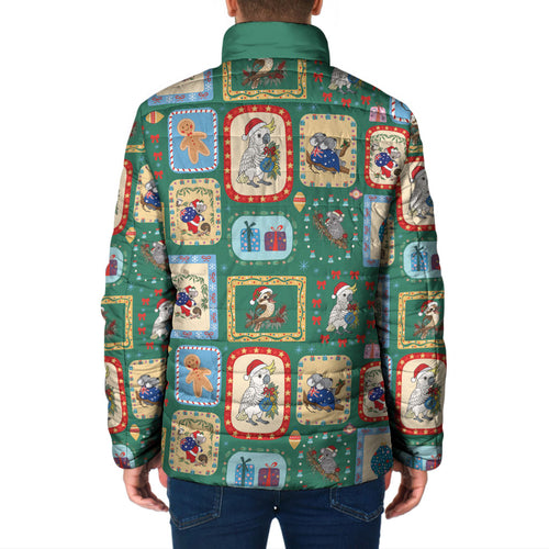 Australia Wildlife Christmas Stamp Padded Jacket Green Aussie Native Animal Seamless Pattern