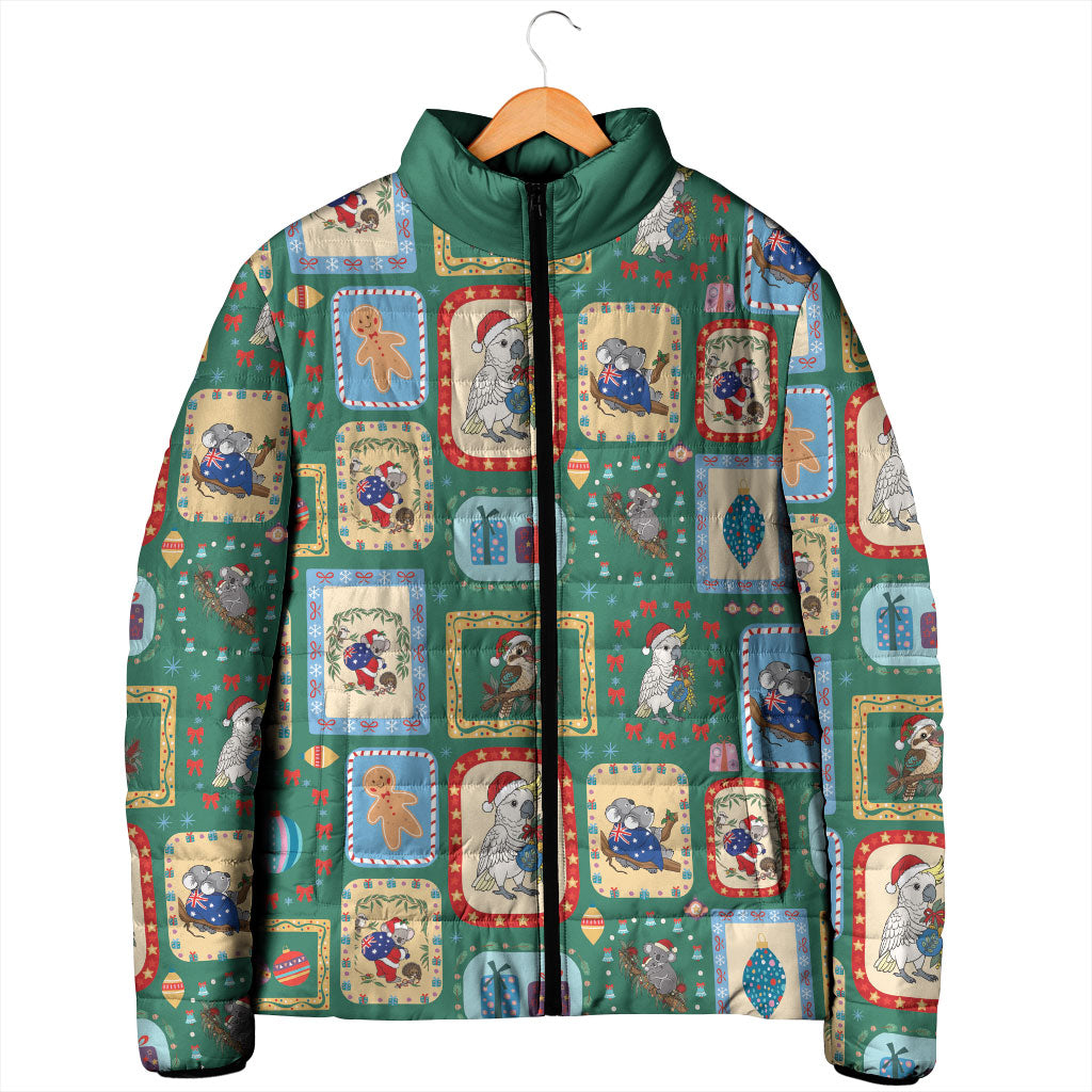 Australia Wildlife Christmas Stamp Padded Jacket Green Aussie Native Animal Seamless Pattern