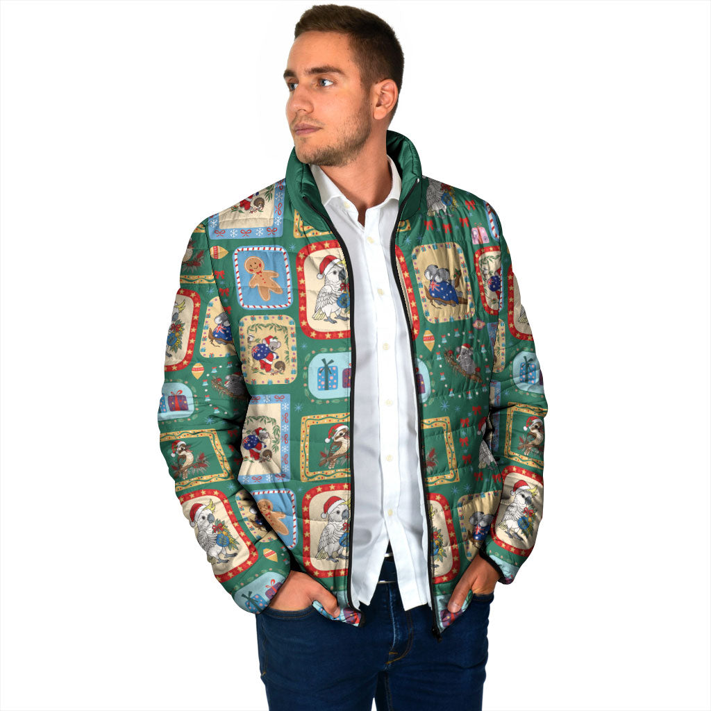 Australia Wildlife Christmas Stamp Padded Jacket Green Aussie Native Animal Seamless Pattern
