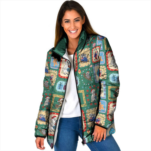 Australia Wildlife Christmas Stamp Padded Jacket Green Aussie Native Animal Seamless Pattern