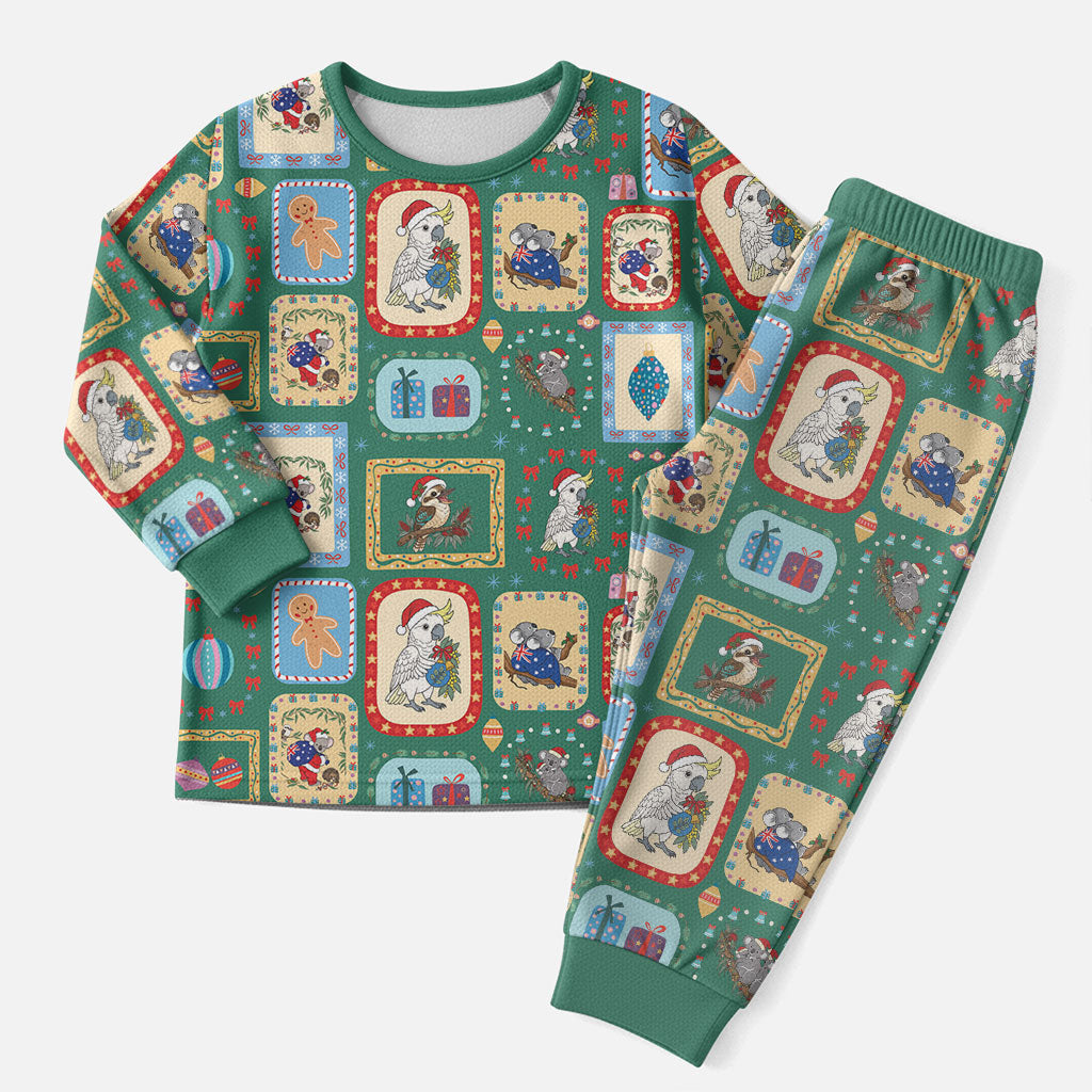Australia Wildlife Christmas Stamps Christmas Pajama Set Green Aussie Native Animal Seamless Pattern