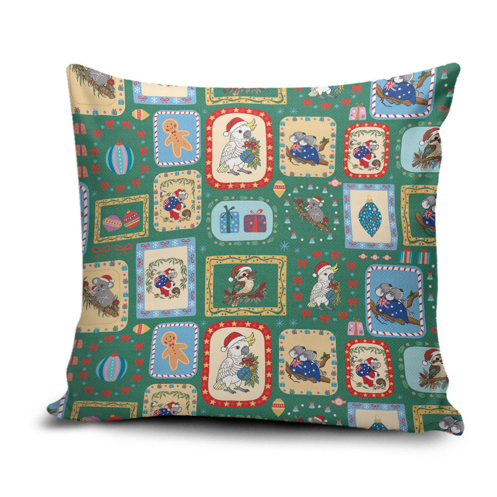Australia Wildlife Christmas Stamp Pillow Cover Green Aussie Native Animal Seamless Pattern