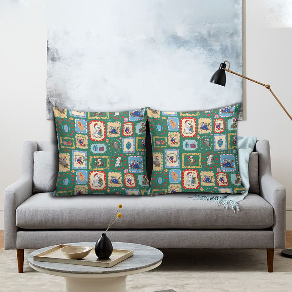 Australia Wildlife Christmas Stamp Pillow Cover Green Aussie Native Animal Seamless Pattern