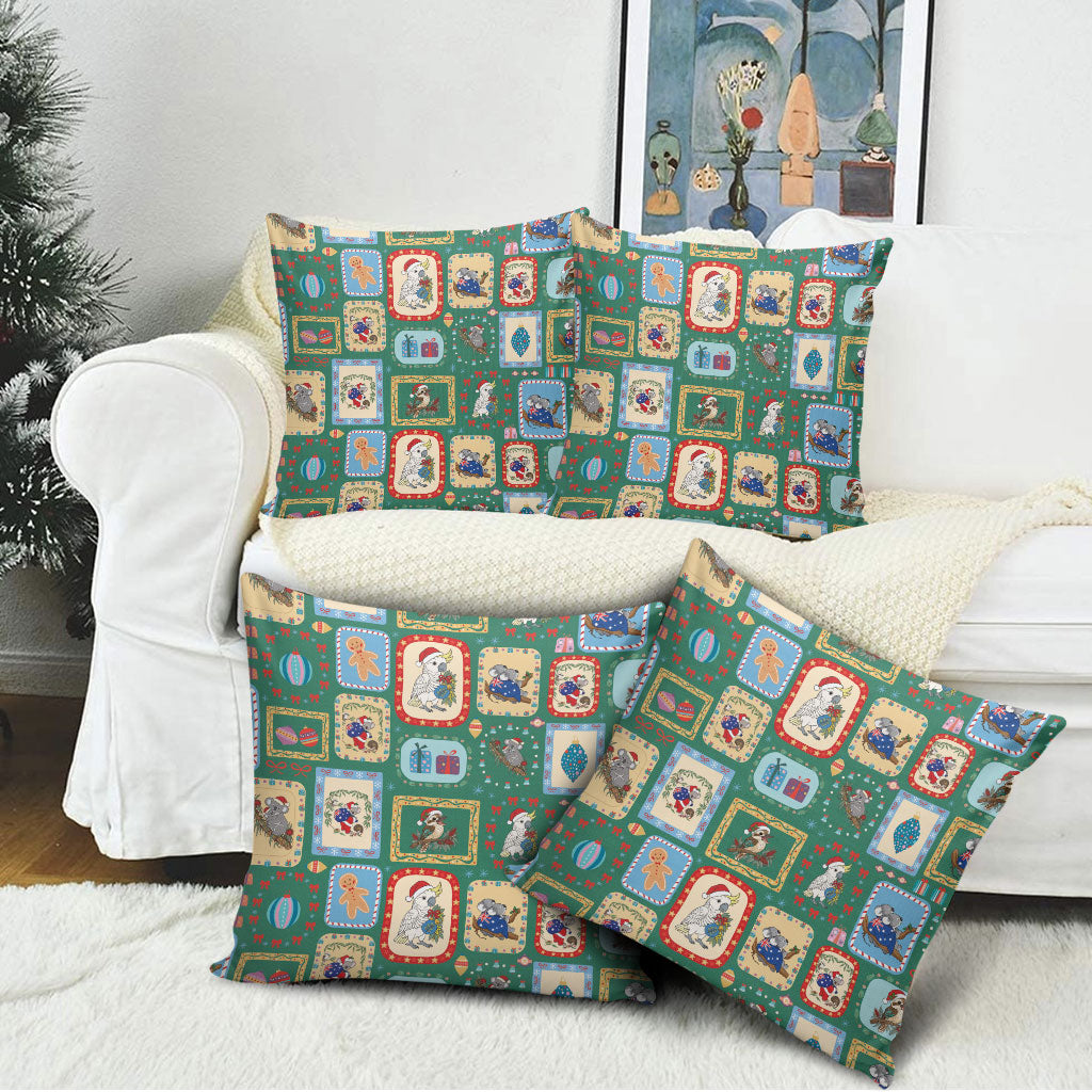 Australia Wildlife Christmas Stamp Pillow Cover Green Aussie Native Animal Seamless Pattern