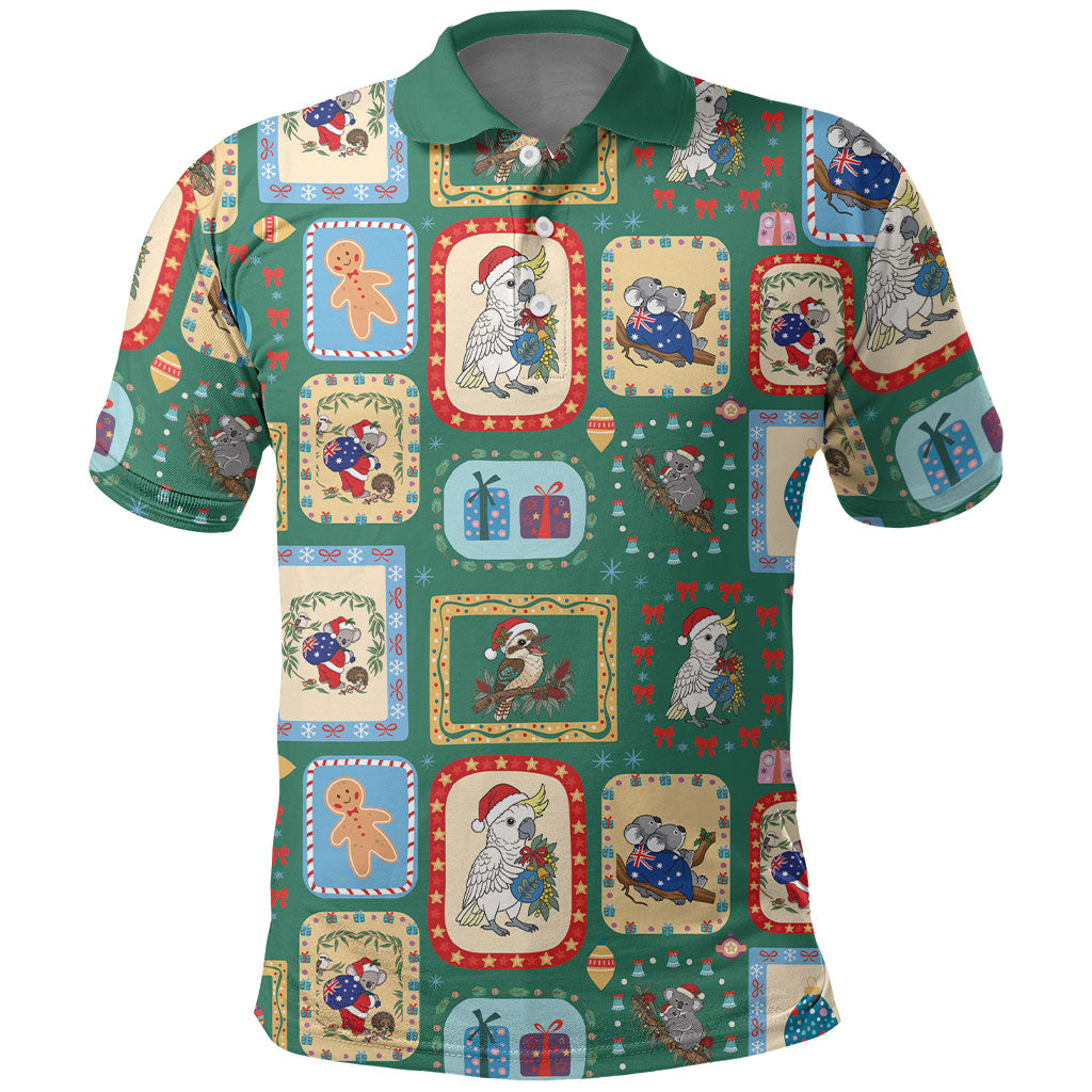 Australia Wildlife Christmas Stamp Polo Shirt Green Aussie Native Animal Seamless Pattern