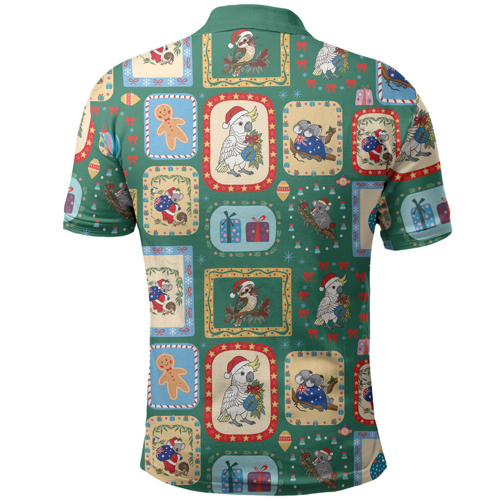 Australia Wildlife Christmas Stamp Polo Shirt Green Aussie Native Animal Seamless Pattern