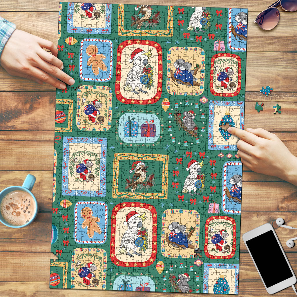 Australia Wildlife Christmas Stamp Puzzle Green Aussie Native Animal Seamless Pattern