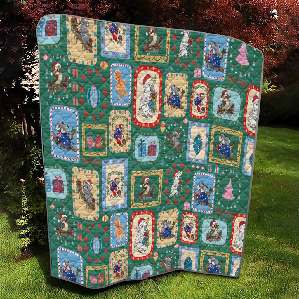 Australia Wildlife Christmas Stamp Quilt Green Aussie Native Animal Seamless Pattern