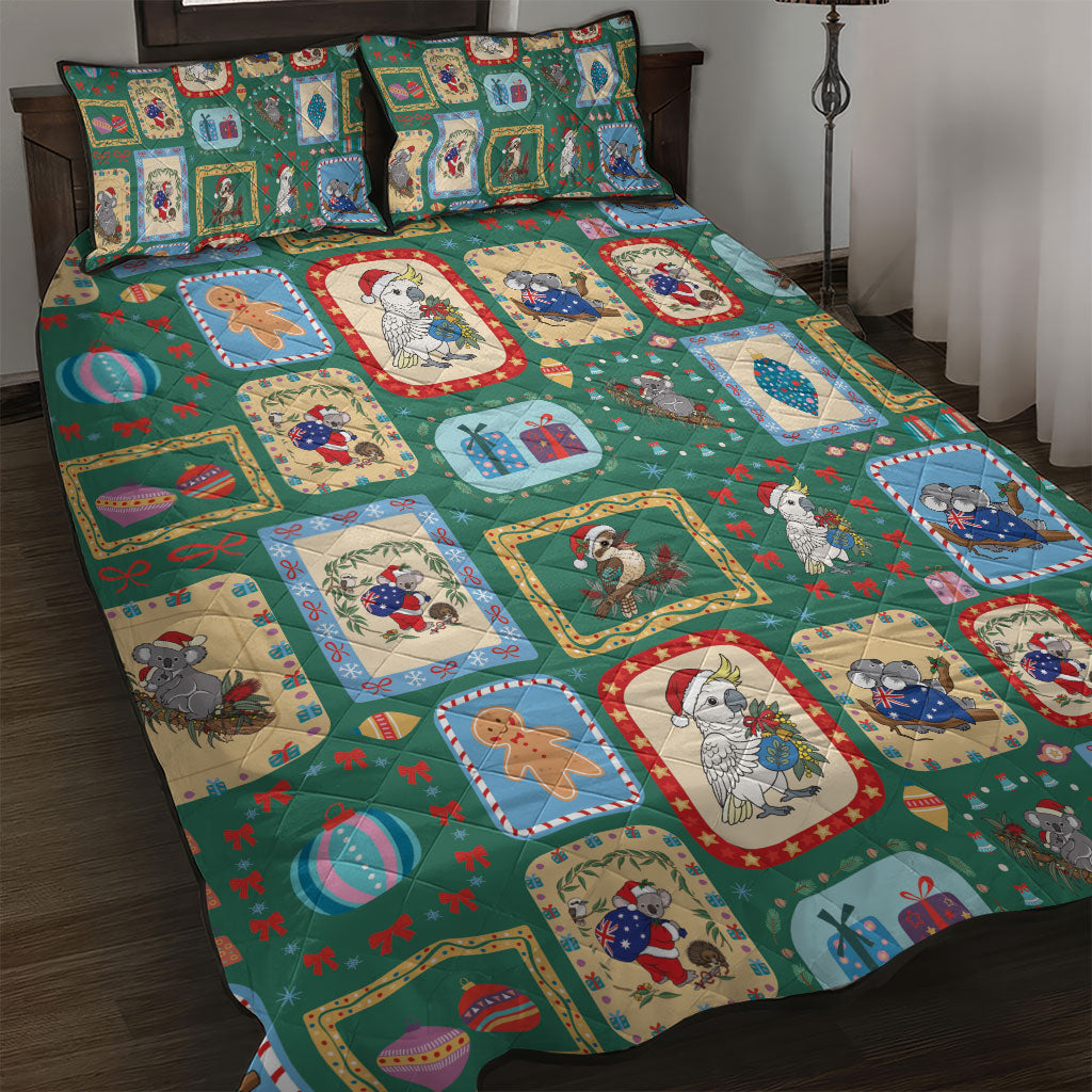 Australia Wildlife Christmas Stamp Quilt Bed Set Green Aussie Native Animal Seamless Pattern