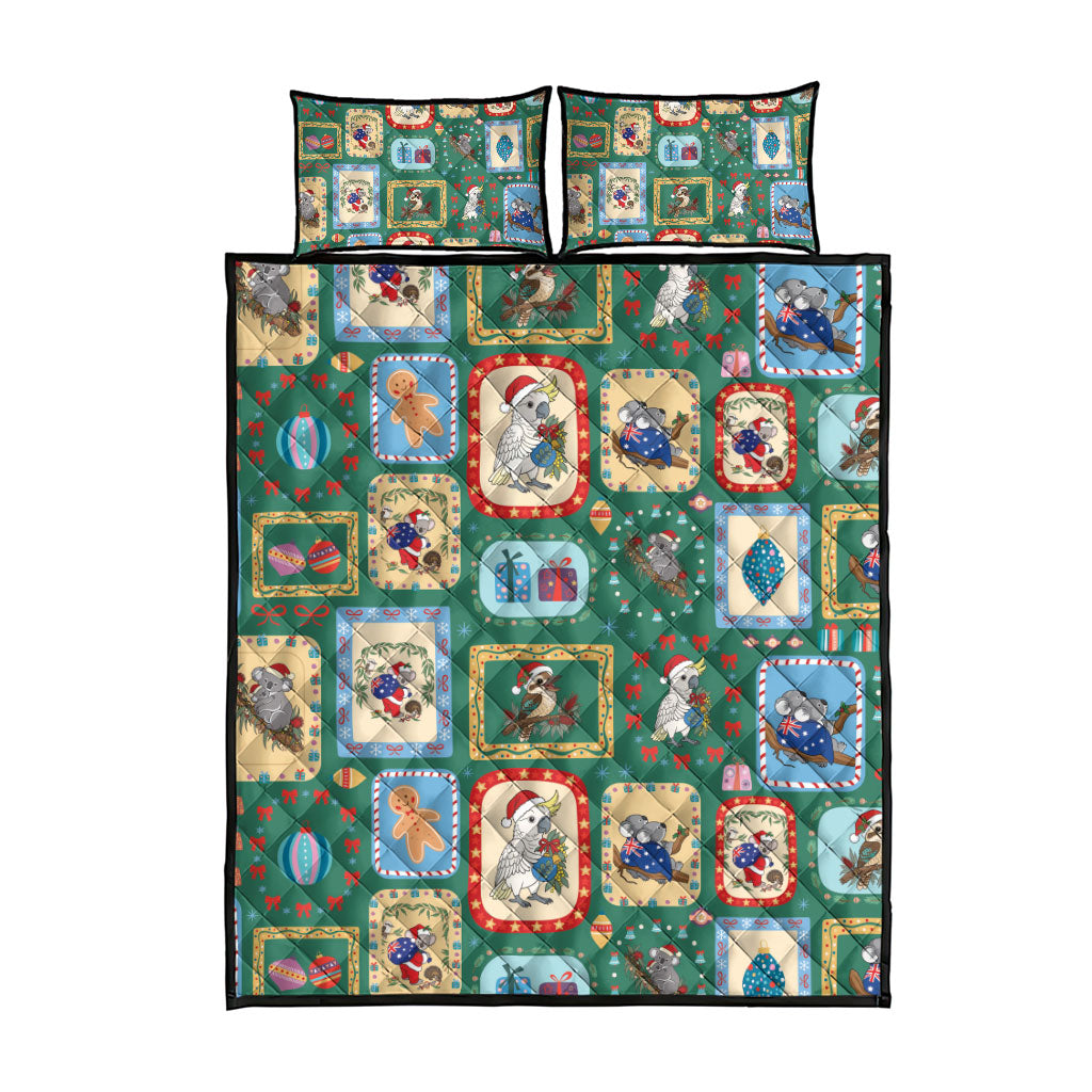 Australia Wildlife Christmas Stamp Quilt Bed Set Green Aussie Native Animal Seamless Pattern