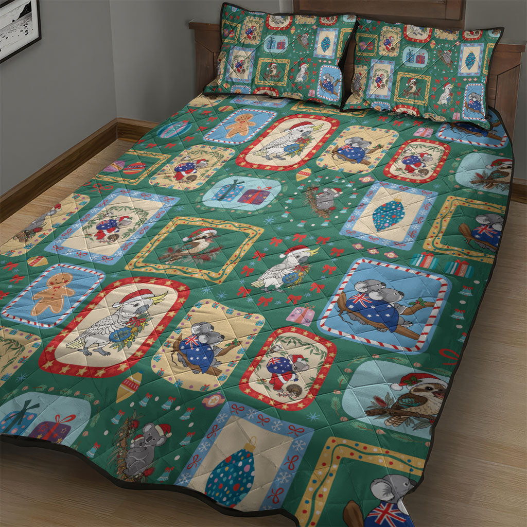 Australia Wildlife Christmas Stamp Quilt Bed Set Green Aussie Native Animal Seamless Pattern
