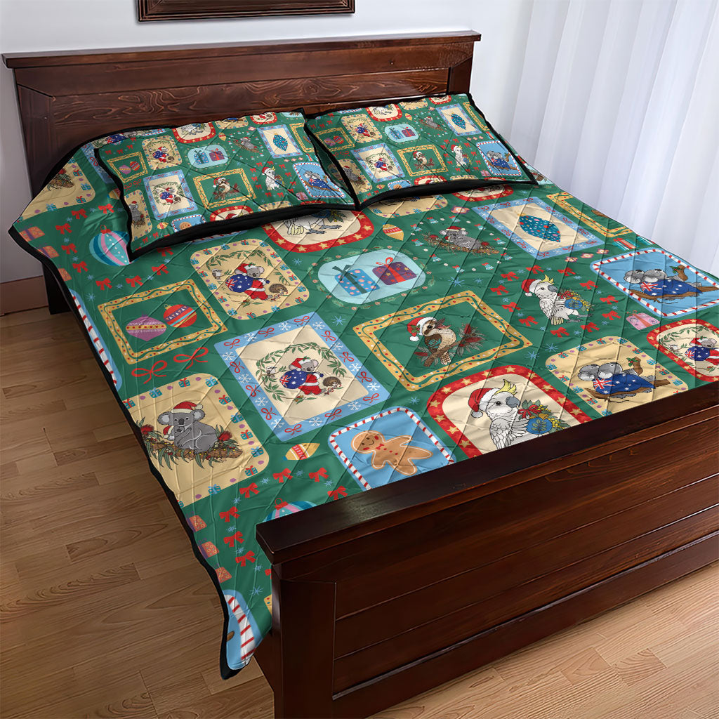 Australia Wildlife Christmas Stamp Quilt Bed Set Green Aussie Native Animal Seamless Pattern