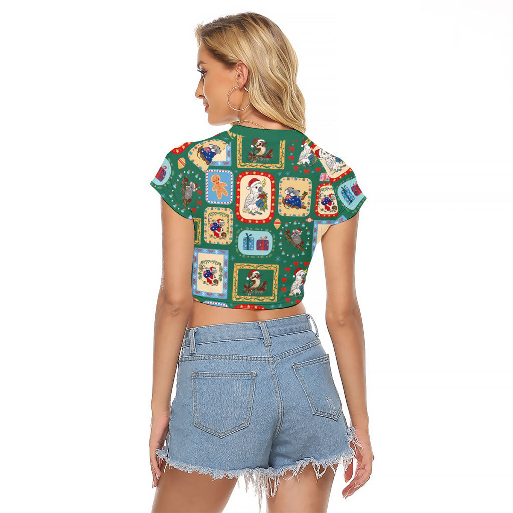 Australia Wildlife Christmas Stamp Raglan Cropped T Shirt Green Aussie Native Animal Seamless Pattern