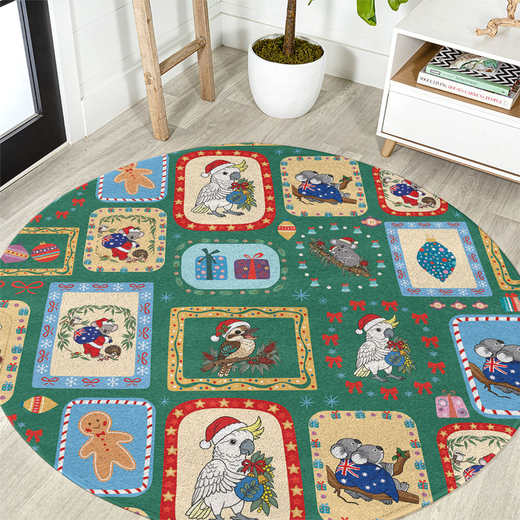 Australia Wildlife Christmas Stamp Round Carpet Green Aussie Native Animal Seamless Pattern