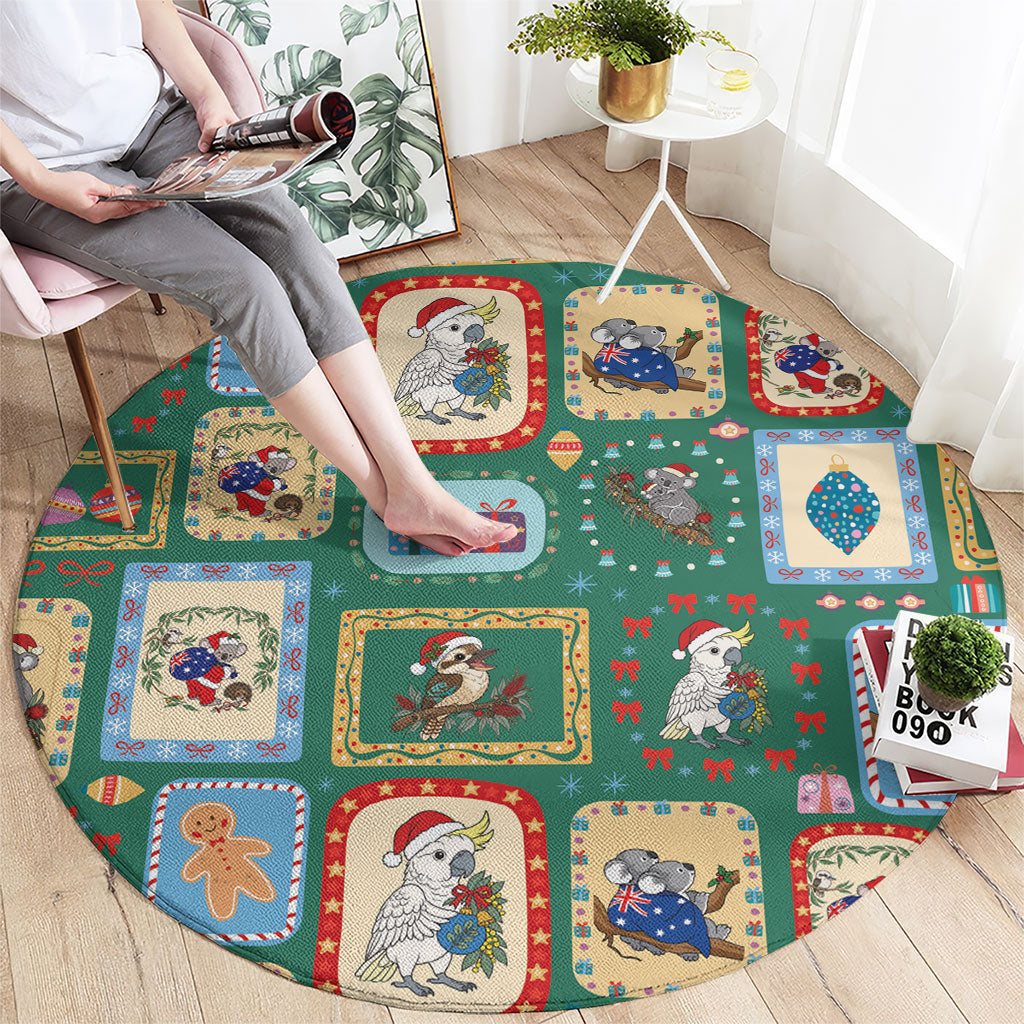 Australia Wildlife Christmas Stamp Round Carpet Green Aussie Native Animal Seamless Pattern