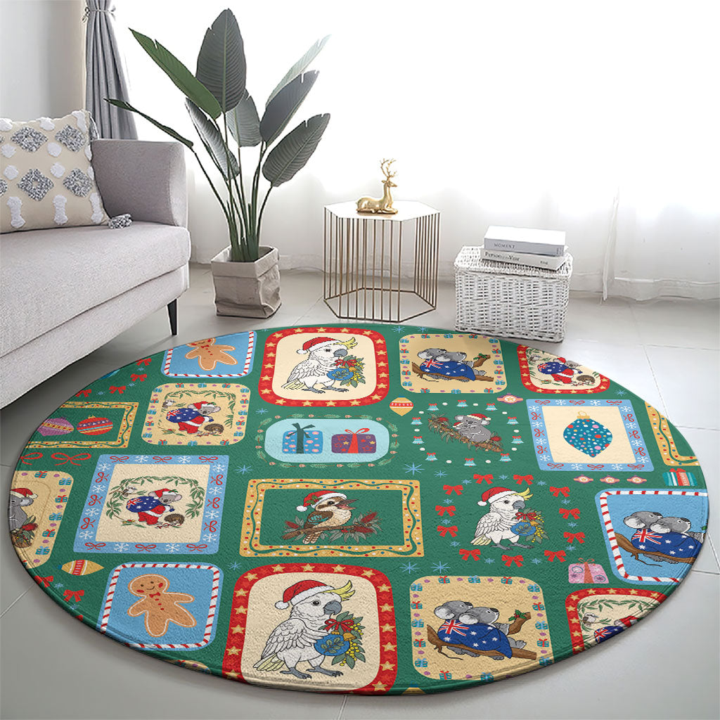 Australia Wildlife Christmas Stamp Round Carpet Green Aussie Native Animal Seamless Pattern