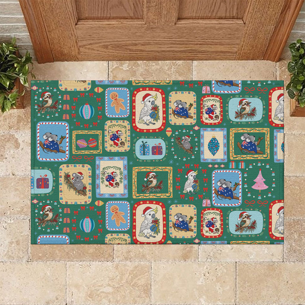 Australia Wildlife Christmas Stamp Rubber Doormat Green Aussie Native Animal Seamless Pattern