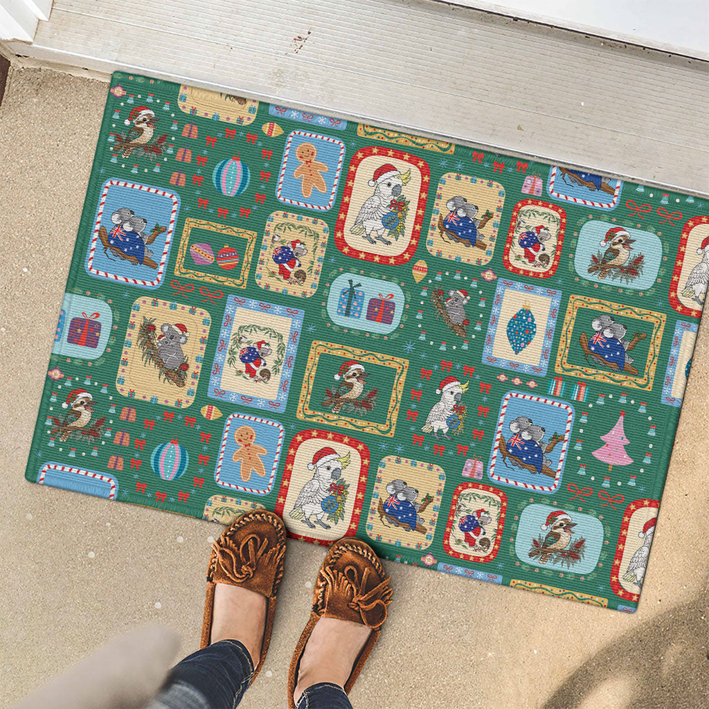 Australia Wildlife Christmas Stamp Rubber Doormat Green Aussie Native Animal Seamless Pattern