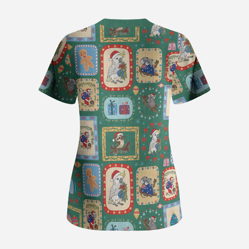 Australia Wildlife Christmas Stamp Scrub Top Green Aussie Native Animal Seamless Pattern