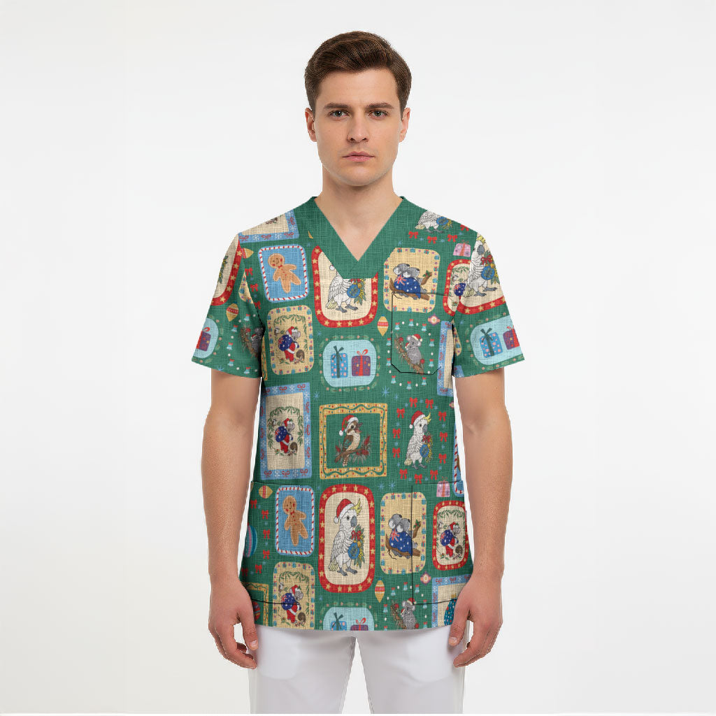 Australia Wildlife Christmas Stamp Scrub Top Green Aussie Native Animal Seamless Pattern