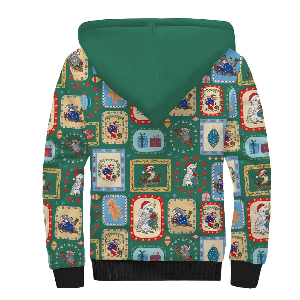Australia Wildlife Christmas Stamp Sherpa Hoodie Green Aussie Native Animal Seamless Pattern