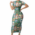Australia Wildlife Christmas Stamp Short Sleeve Bodycon Dress Green Aussie Native Animal Seamless Pattern