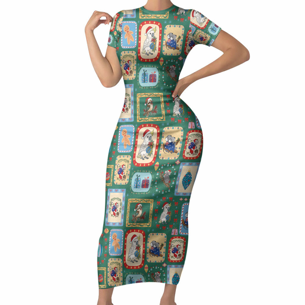 Australia Wildlife Christmas Stamp Short Sleeve Bodycon Dress Green Aussie Native Animal Seamless Pattern