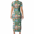Australia Wildlife Christmas Stamp Short Sleeve Bodycon Dress Green Aussie Native Animal Seamless Pattern